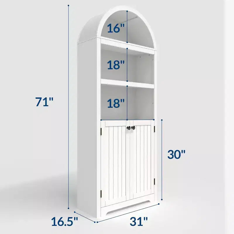 71.65" Tall Arched 5-Tier Bookcase with Double Doors & Adjustable Shelf, Modern Wood Storage Cabinet for Living Room, Bedroom, Home Office