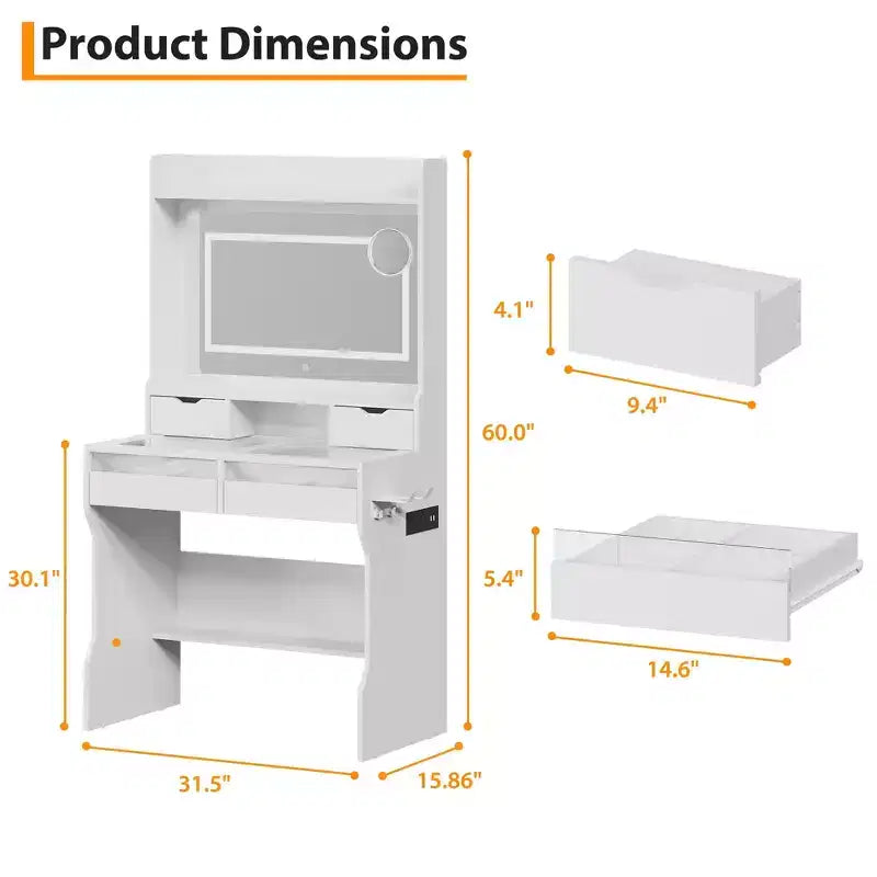 White Wood Dresser with LED Mirror, Power Outlet & 3 Lighting Modes, 4 Storage Drawers for Bedroom