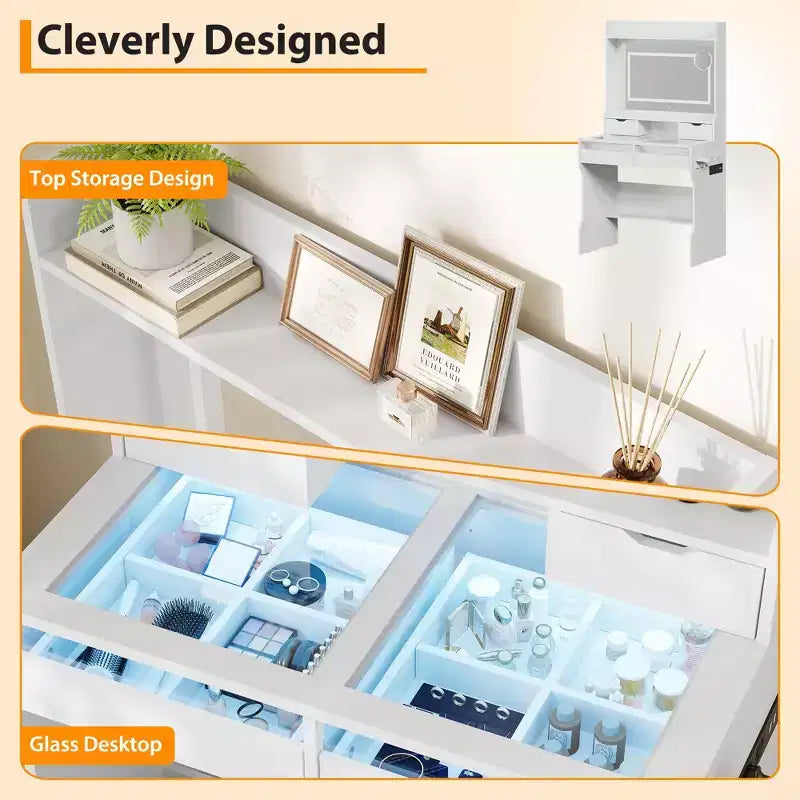 White Wood Dresser with LED Mirror, Power Outlet & 3 Lighting Modes, 4 Storage Drawers for Bedroom