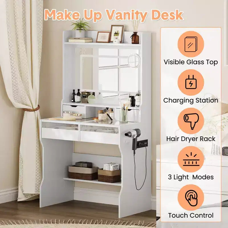 White Wood Dresser with LED Mirror, Power Outlet & 3 Lighting Modes, 4 Storage Drawers for Bedroom