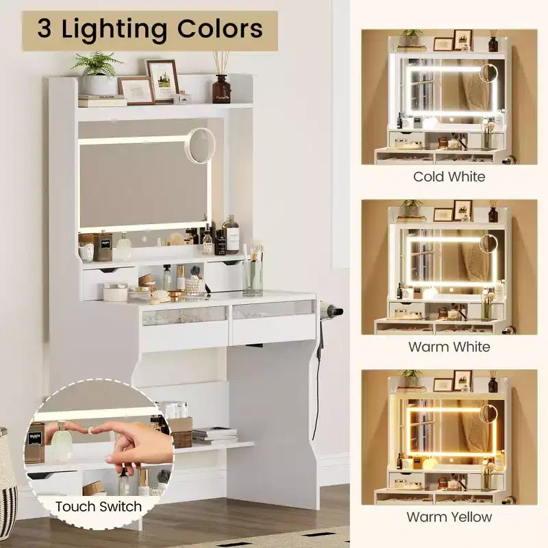 White Wood Dresser with LED Mirror, Power Outlet & 3 Lighting Modes, 4 Storage Drawers for Bedroom