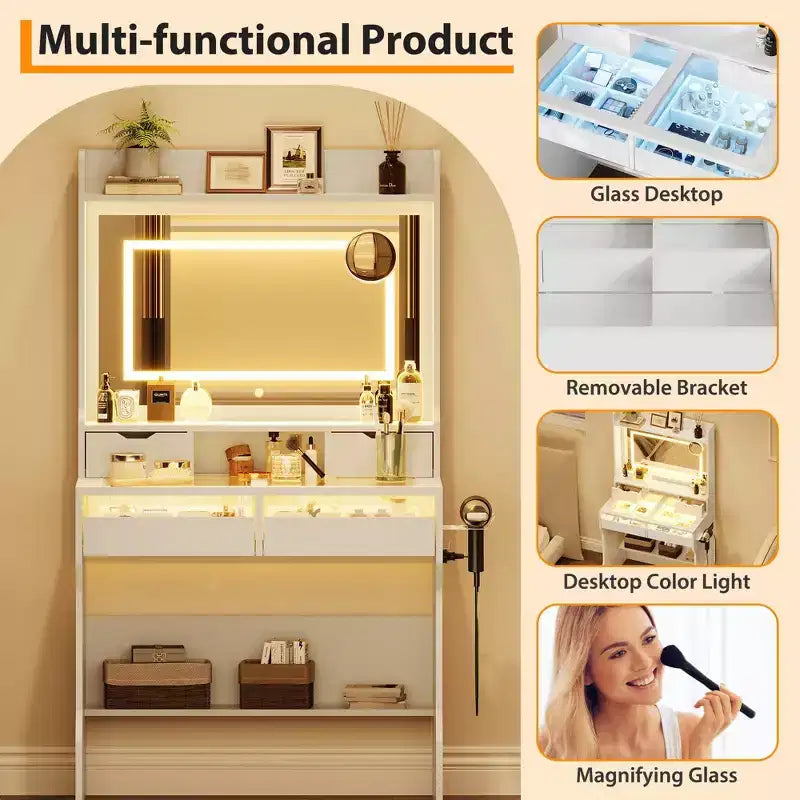 White Wood Dresser with LED Mirror, Power Outlet & 3 Lighting Modes, 4 Storage Drawers for Bedroom