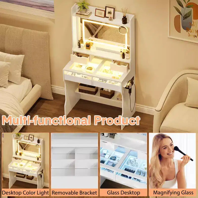 White Wood Dresser with LED Mirror, Power Outlet & 3 Lighting Modes, 4 Storage Drawers for Bedroom