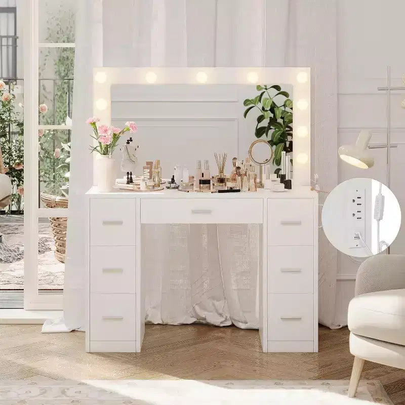 White Vanity Desk with Mirror, Adjustable Lighting & Power Outlets, 7-Drawer Makeup Table for Bedroom