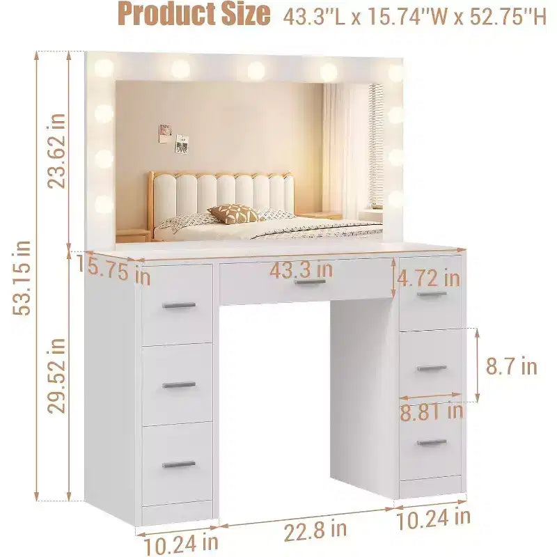 White Vanity Desk with Mirror, Adjustable Lighting & Power Outlets, 7-Drawer Makeup Table for Bedroom