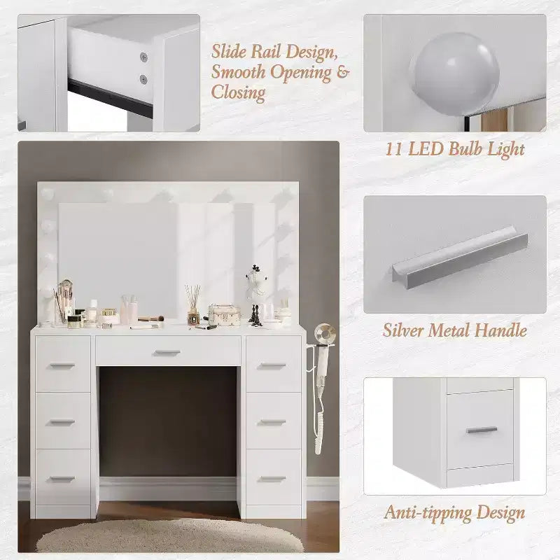 White Vanity Desk with Mirror, Adjustable Lighting & Power Outlets, 7-Drawer Makeup Table for Bedroom