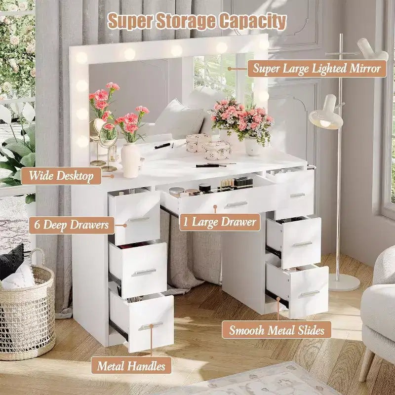 White Vanity Desk with Mirror, Adjustable Lighting & Power Outlets, 7-Drawer Makeup Table for Bedroom
