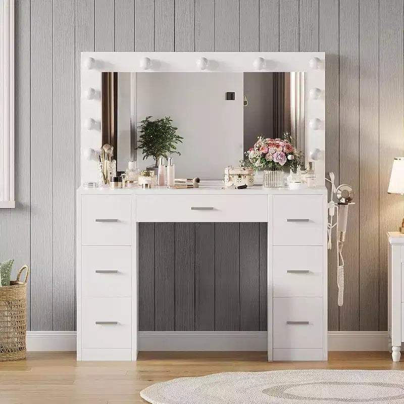 White Vanity Desk with Mirror, Adjustable Lighting & Power Outlets, 7-Drawer Makeup Table for Bedroom