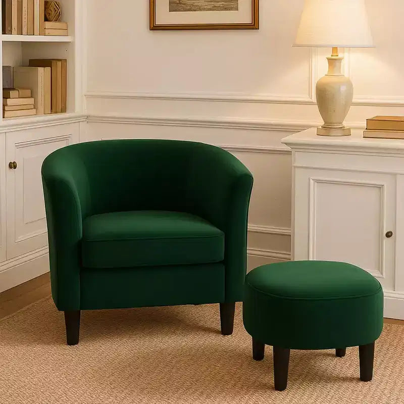 Velvet Accent Chair with Ottoman, Modern Barrel Chair Armchair for Living Room, Bedroom