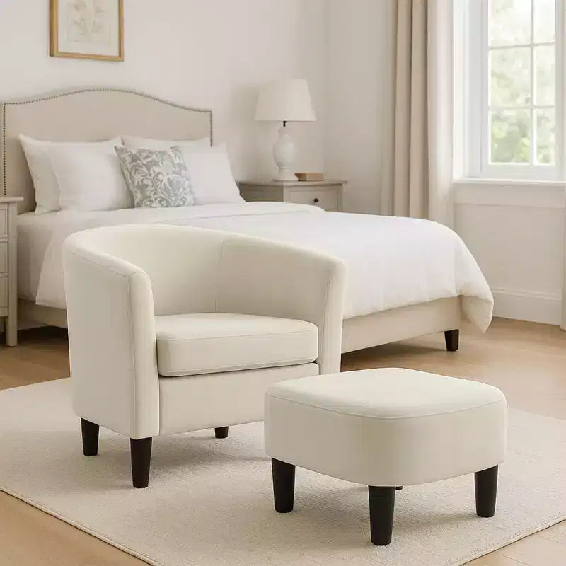Fauteuil en velours avec pouf, fauteuil barillet moderne pour salon, chambre à coucher