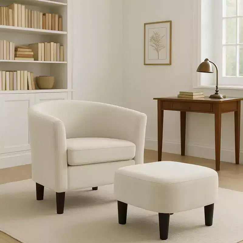 Fauteuil en velours avec pouf, fauteuil barillet moderne pour salon, chambre à coucher
