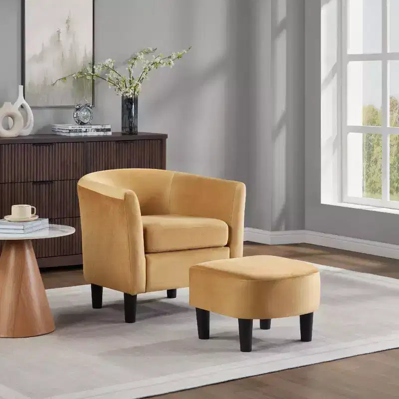 Velvet Accent Chair with Ottoman, Modern Barrel Chair Armchair for Living Room, Bedroom