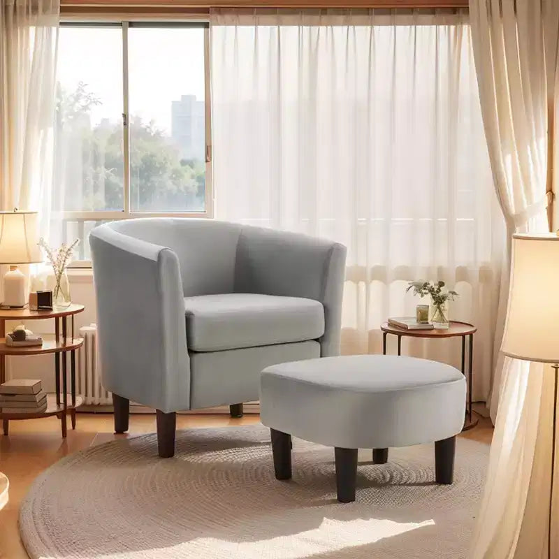 Velvet Accent Chair with Ottoman, Modern Barrel Chair Armchair for Living Room, Bedroom
