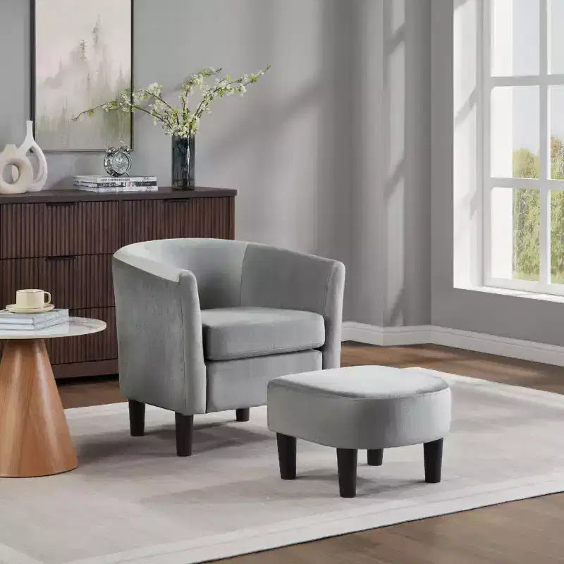 Velvet Accent Chair with Ottoman, Modern Barrel Chair Armchair for Living Room, Bedroom