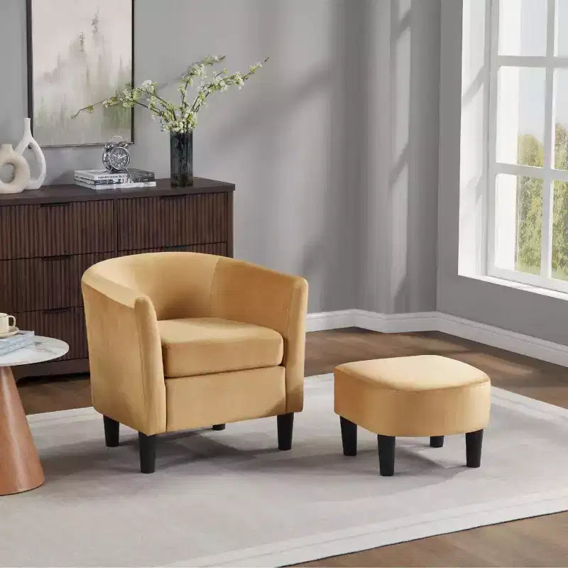 Velvet Accent Chair with Ottoman, Modern Barrel Chair Armchair for Living Room, Bedroom