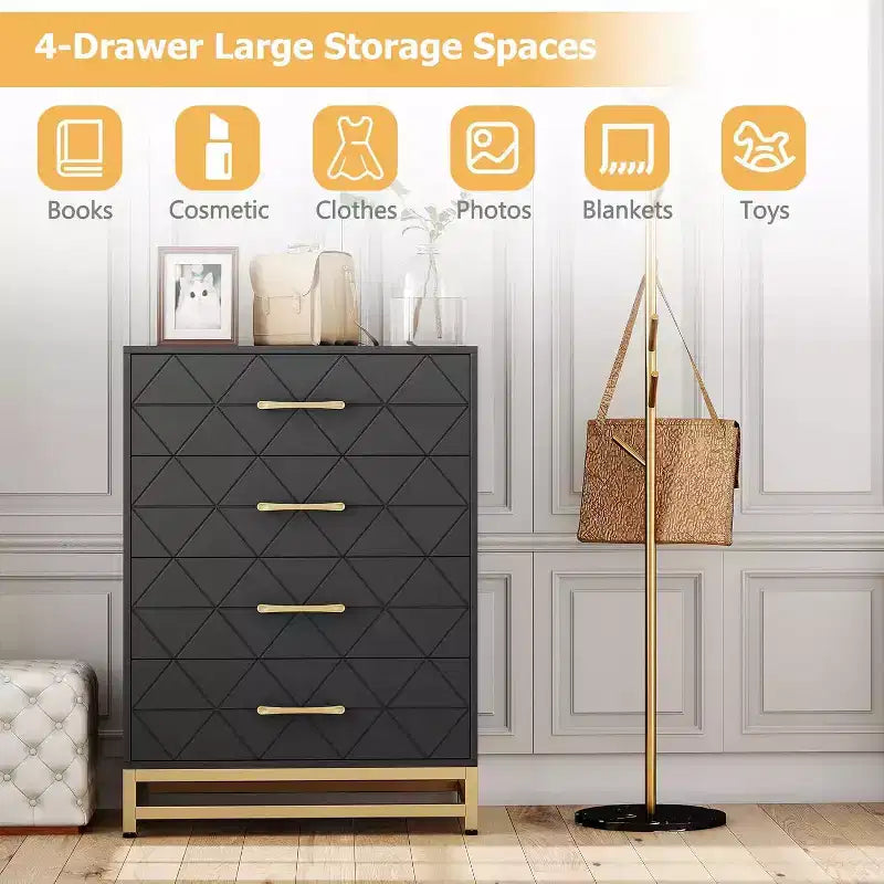 4-Drawer Tall Dresser, Soft-Close Glides, Modern Storage Organizer with Metal Handles for Bedroom & Closet