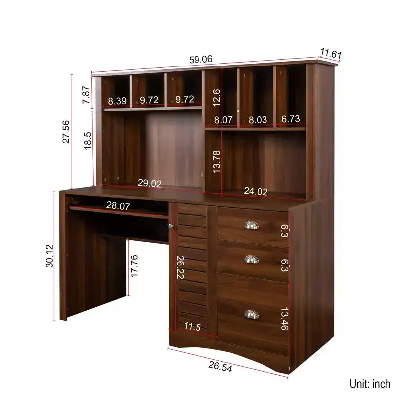Rustic Home Office Desk with Hutch, 2-Tier Open Shelf, Farmhouse Style Writing Desk