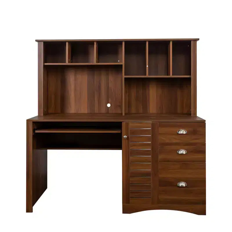 Rustic Home Office Desk with Hutch, 2-Tier Open Shelf, Farmhouse Style Writing Desk