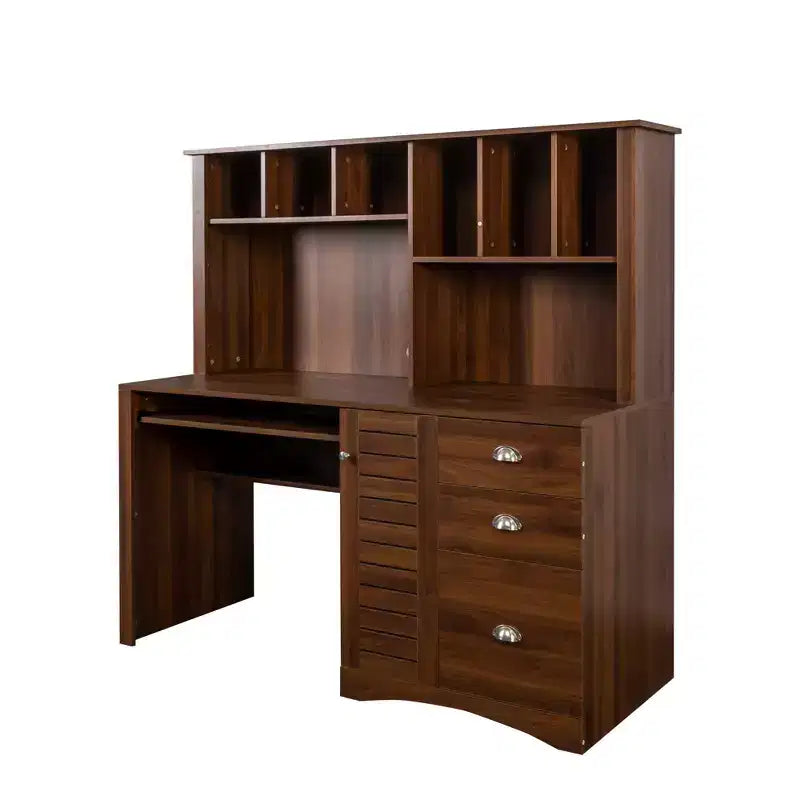 Rustic Home Office Desk with Hutch, 2-Tier Open Shelf, Farmhouse Style Writing Desk