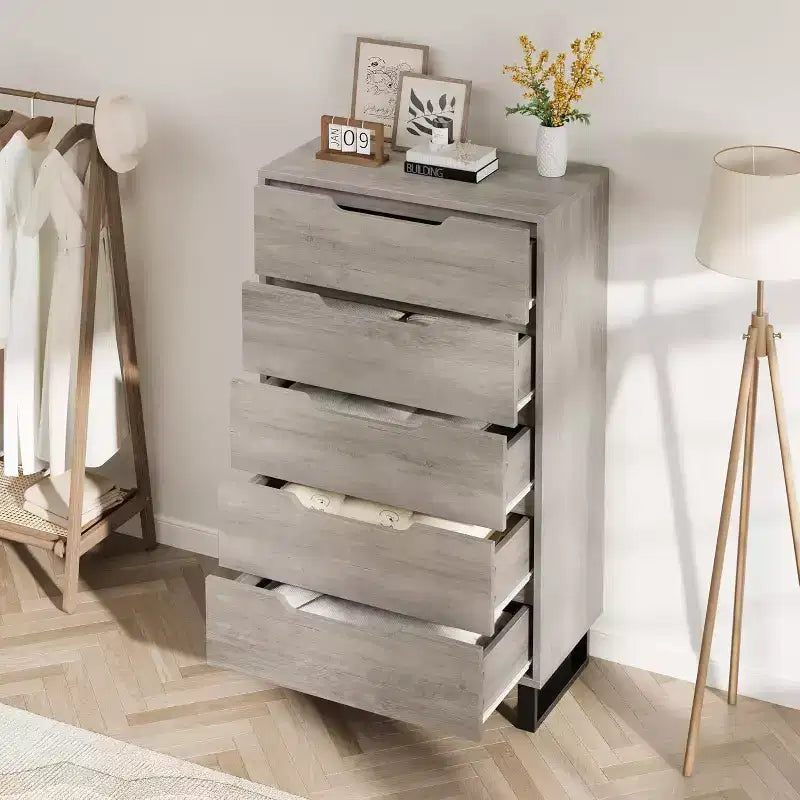 5-Drawer Tall Dresser, 51" Freestanding Vertical Storage Chest, Wood Closet Organizer for Bedroom, Living Room, Hallway