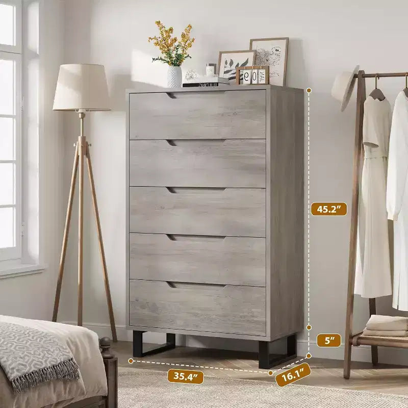5-Drawer Tall Dresser, 51" Freestanding Vertical Storage Chest, Wood Closet Organizer for Bedroom, Living Room, Hallway