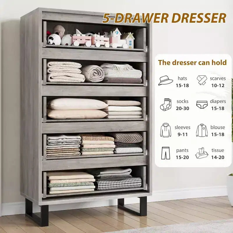 5-Drawer Tall Dresser, 51" Freestanding Vertical Storage Chest, Wood Closet Organizer for Bedroom, Living Room, Hallway