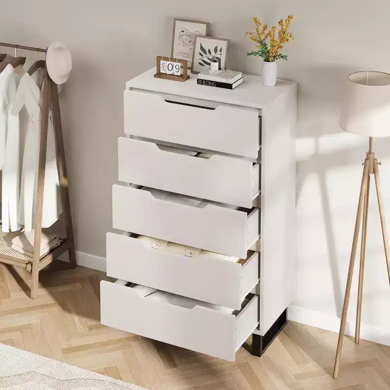 5-Drawer Tall Dresser, 51" Freestanding Vertical Storage Chest, Wood Closet Organizer for Bedroom, Living Room, Hallway