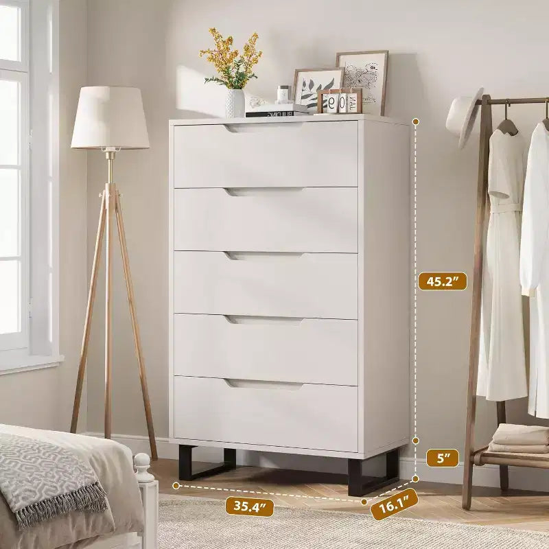 5-Drawer Tall Dresser, 51" Freestanding Vertical Storage Chest, Wood Closet Organizer for Bedroom, Living Room, Hallway