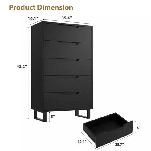 5-Drawer Tall Dresser, 51" Freestanding Vertical Storage Chest, Wood Closet Organizer for Bedroom, Living Room, Hallway