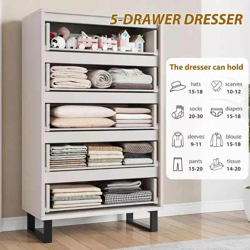 5-Drawer Tall Dresser, 51" Freestanding Vertical Storage Chest, Wood Closet Organizer for Bedroom, Living Room, Hallway