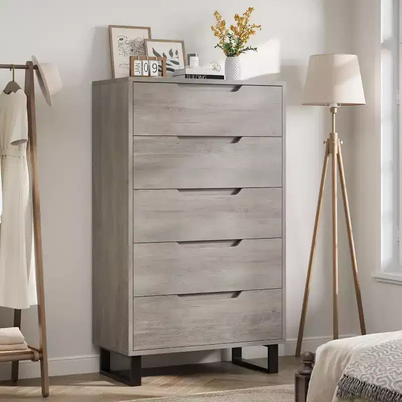 5-Drawer Tall Dresser, 51" Freestanding Vertical Storage Chest, Wood Closet Organizer for Bedroom, Living Room, Hallway