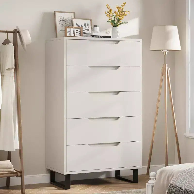 5-Drawer Tall Dresser, 51" Freestanding Vertical Storage Chest, Wood Closet Organizer for Bedroom, Living Room, Hallway