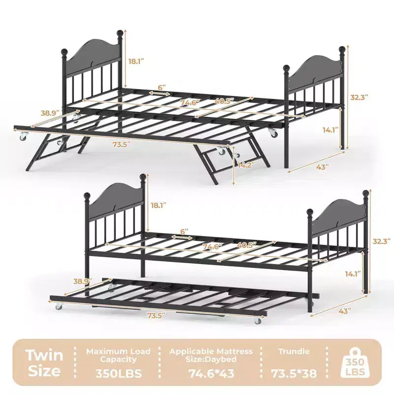 Twin Size Daybed with Trundle and Headboard, Steel Slat Support