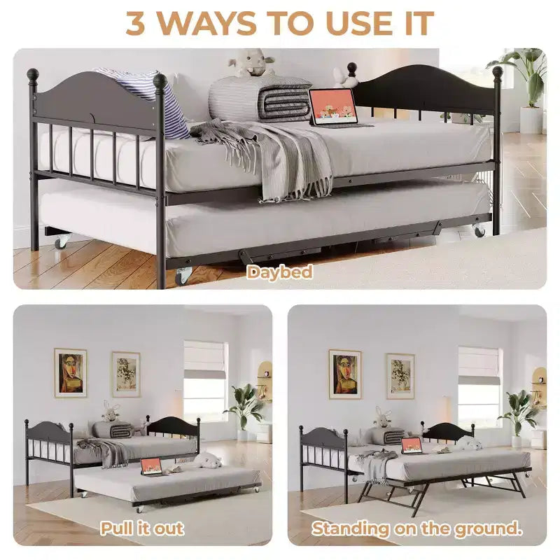 Twin Size Daybed with Trundle and Headboard, Steel Slat Support