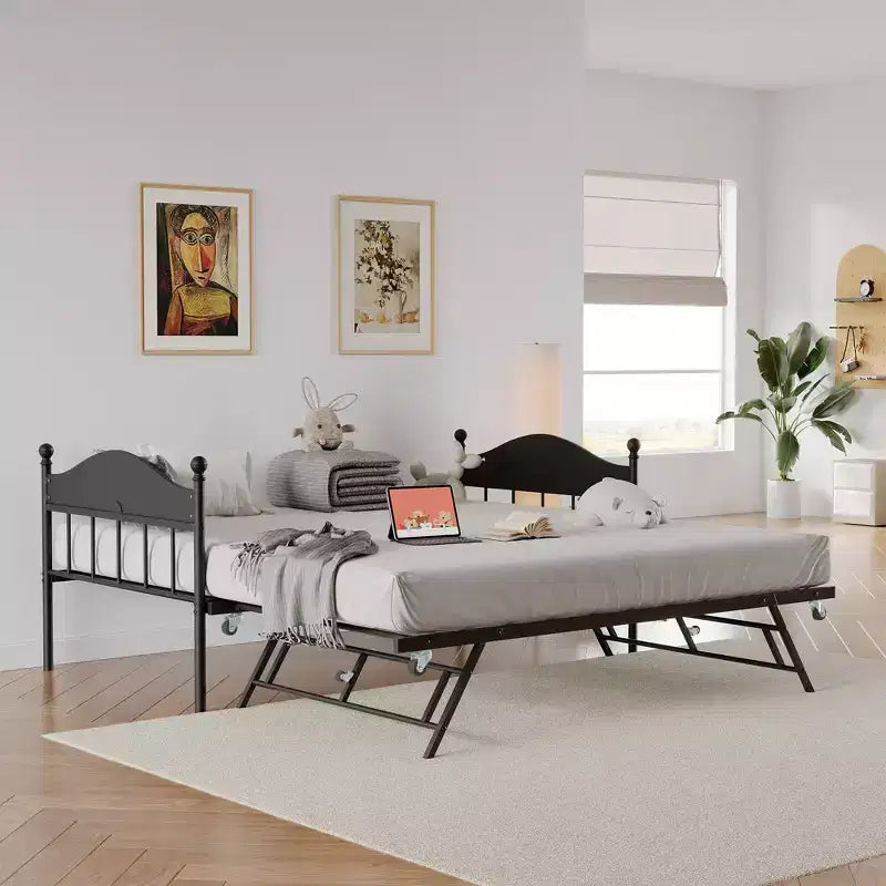 Twin Size Daybed with Trundle and Headboard, Steel Slat Support