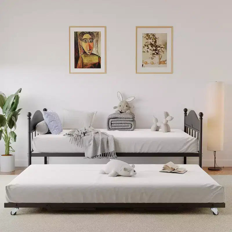 Twin Size Daybed with Trundle and Headboard, Steel Slat Support