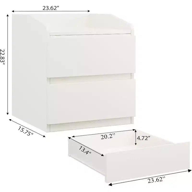 2-Drawer Nightstand with Handle-Free Curved Design, White, 23.6"W x 15.8"D x 22.8"H
