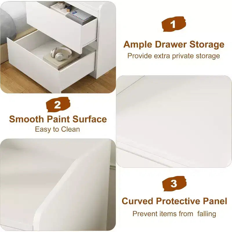 2-Drawer Nightstand with Handle-Free Curved Design, White, 23.6"W x 15.8"D x 22.8"H