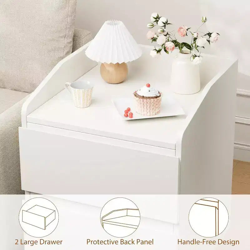 2-Drawer Nightstand with Handle-Free Curved Design, White, 23.6"W x 15.8"D x 22.8"H