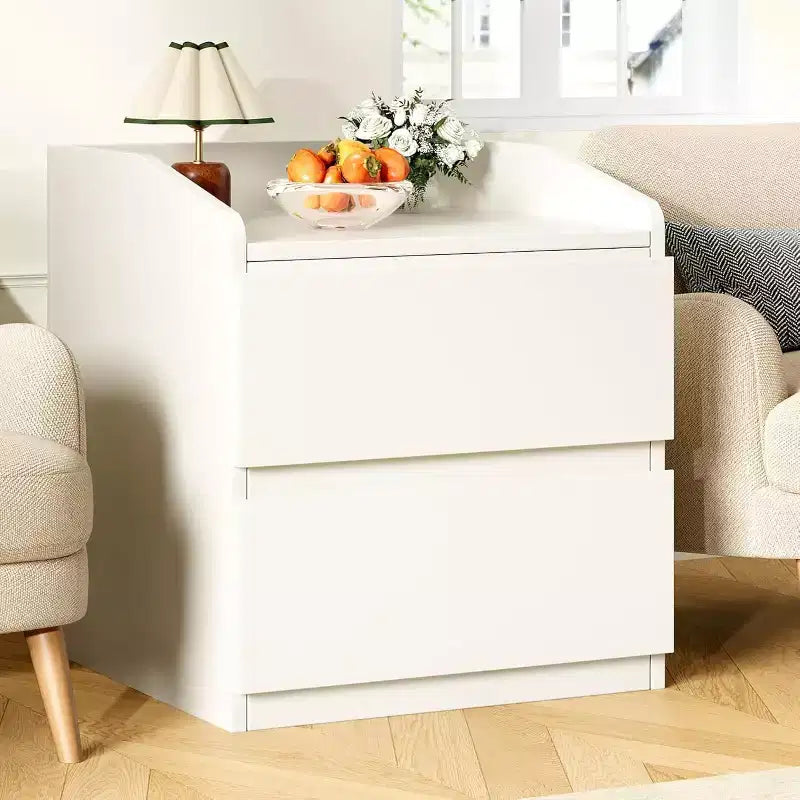 2-Drawer Nightstand with Handle-Free Curved Design, White, 23.6"W x 15.8"D x 22.8"H