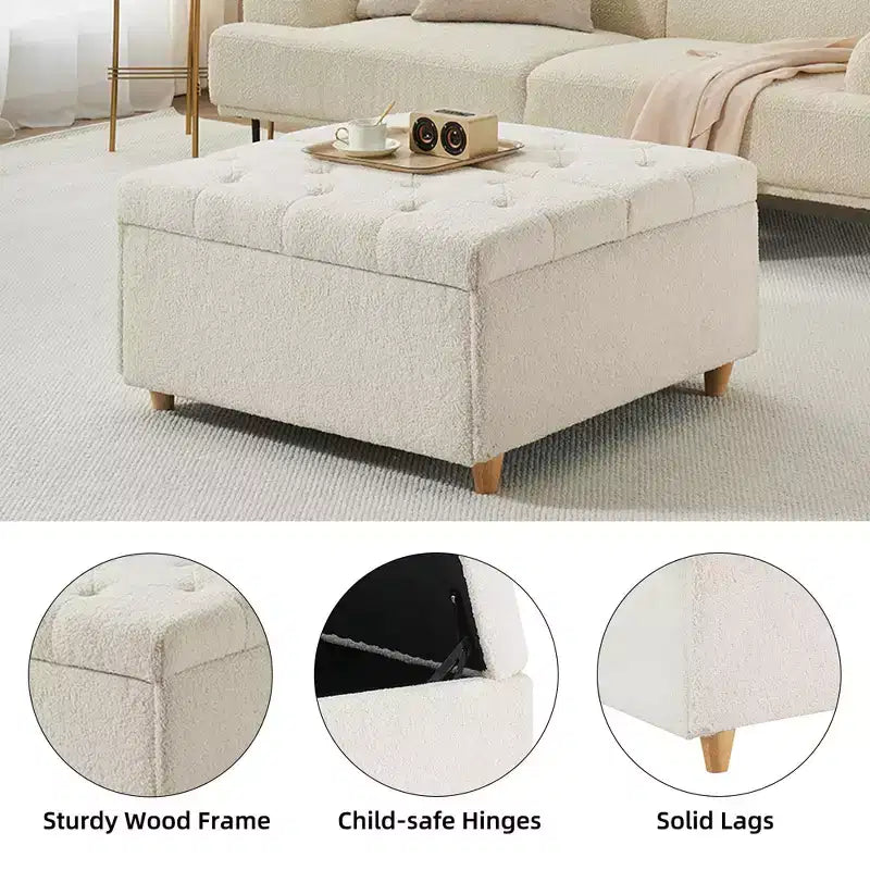 Faux Leather Storage Ottoman with Lift Top, Tufted Upholstered Bench for Bedroom & Living Room, 34.6"W x 34.6"D x 18"H