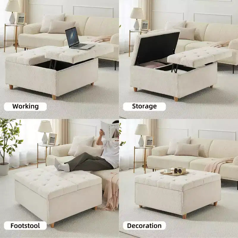 Faux Leather Storage Ottoman with Lift Top, Tufted Upholstered Bench for Bedroom & Living Room, 34.6"W x 34.6"D x 18"H