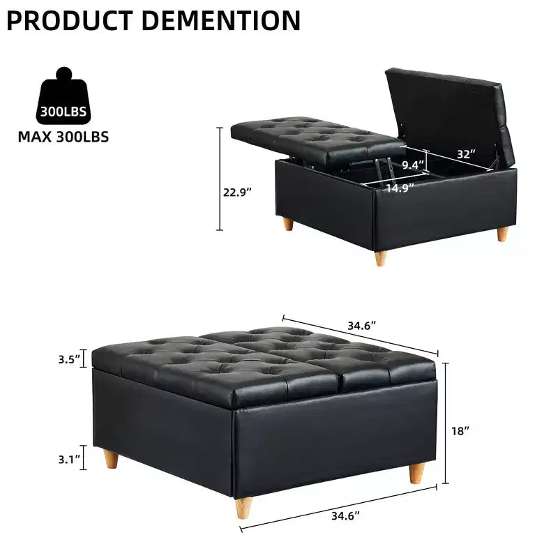 Faux Leather Storage Ottoman with Lift Top, Tufted Upholstered Bench for Bedroom & Living Room, 34.6"W x 34.6"D x 18"H