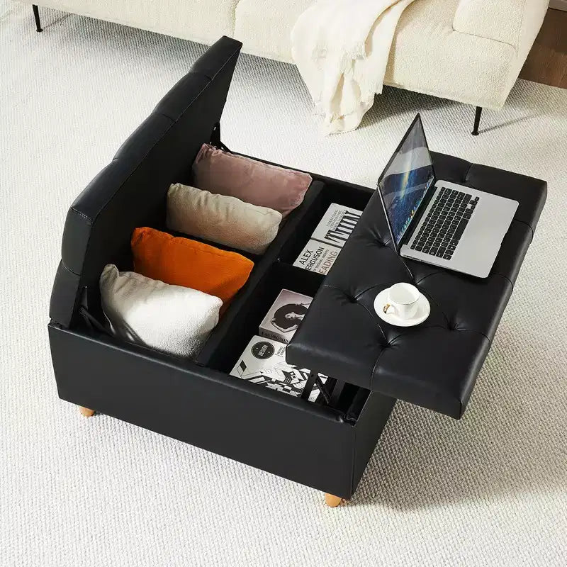 Faux Leather Storage Ottoman with Lift Top, Tufted Upholstered Bench for Bedroom & Living Room, 34.6"W x 34.6"D x 18"H