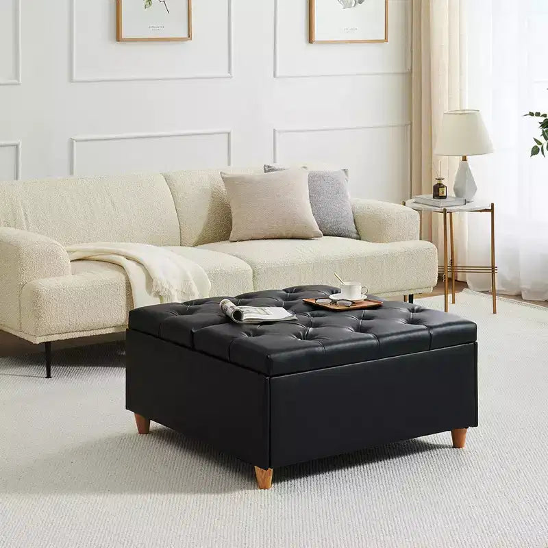 Table basse pouf de rangement en cuir avec plateau relevable, banc pouf capitonné en similicuir pour chambre à coucher et salon