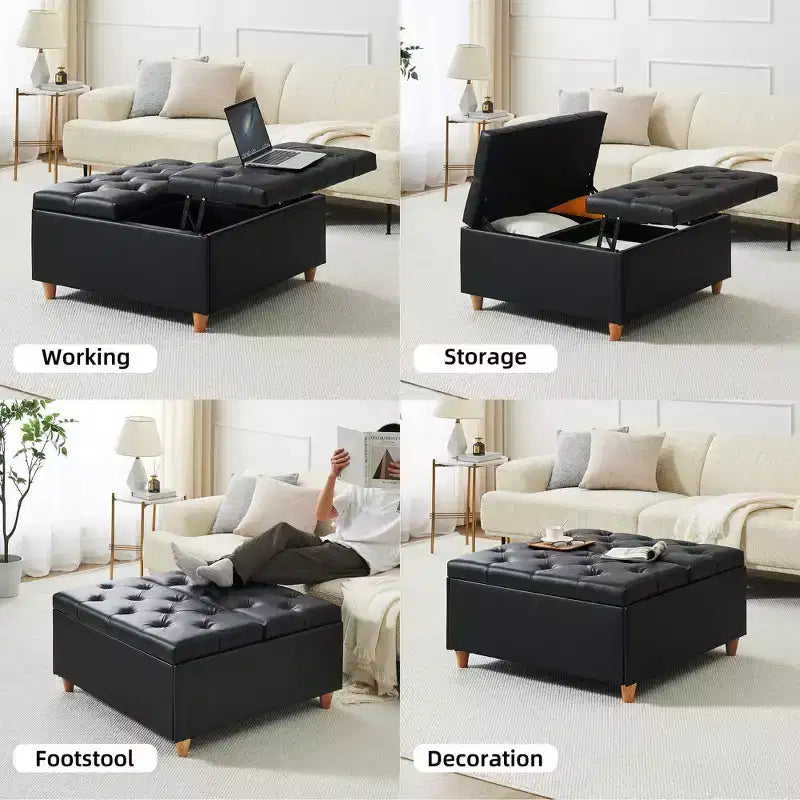 Faux Leather Storage Ottoman with Lift Top, Tufted Upholstered Bench for Bedroom & Living Room, 34.6"W x 34.6"D x 18"H