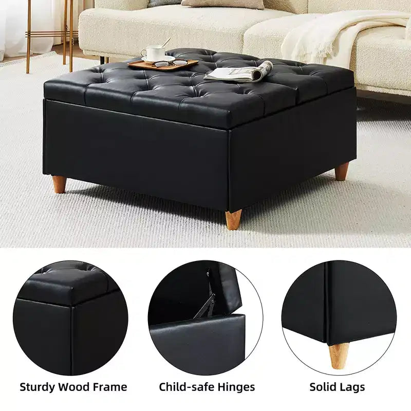 Faux Leather Storage Ottoman with Lift Top, Tufted Upholstered Bench for Bedroom & Living Room, 34.6"W x 34.6"D x 18"H