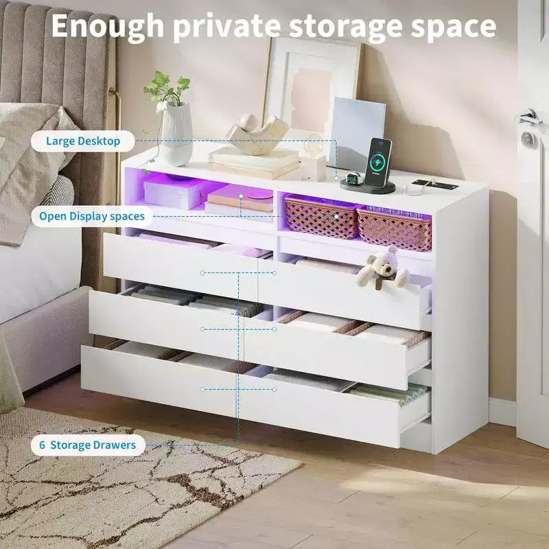 Commode à 6 tiroirs avec station de charge et lumières LED, commode moderne avec prise de courant