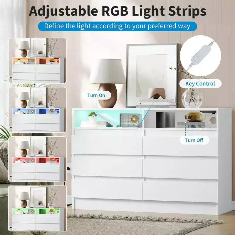 Commode à 6 tiroirs avec station de charge et lumières LED, commode moderne avec prise de courant