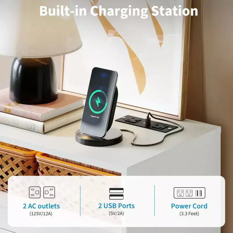 Commode à 6 tiroirs avec station de charge et lumières LED, commode moderne avec prise de courant